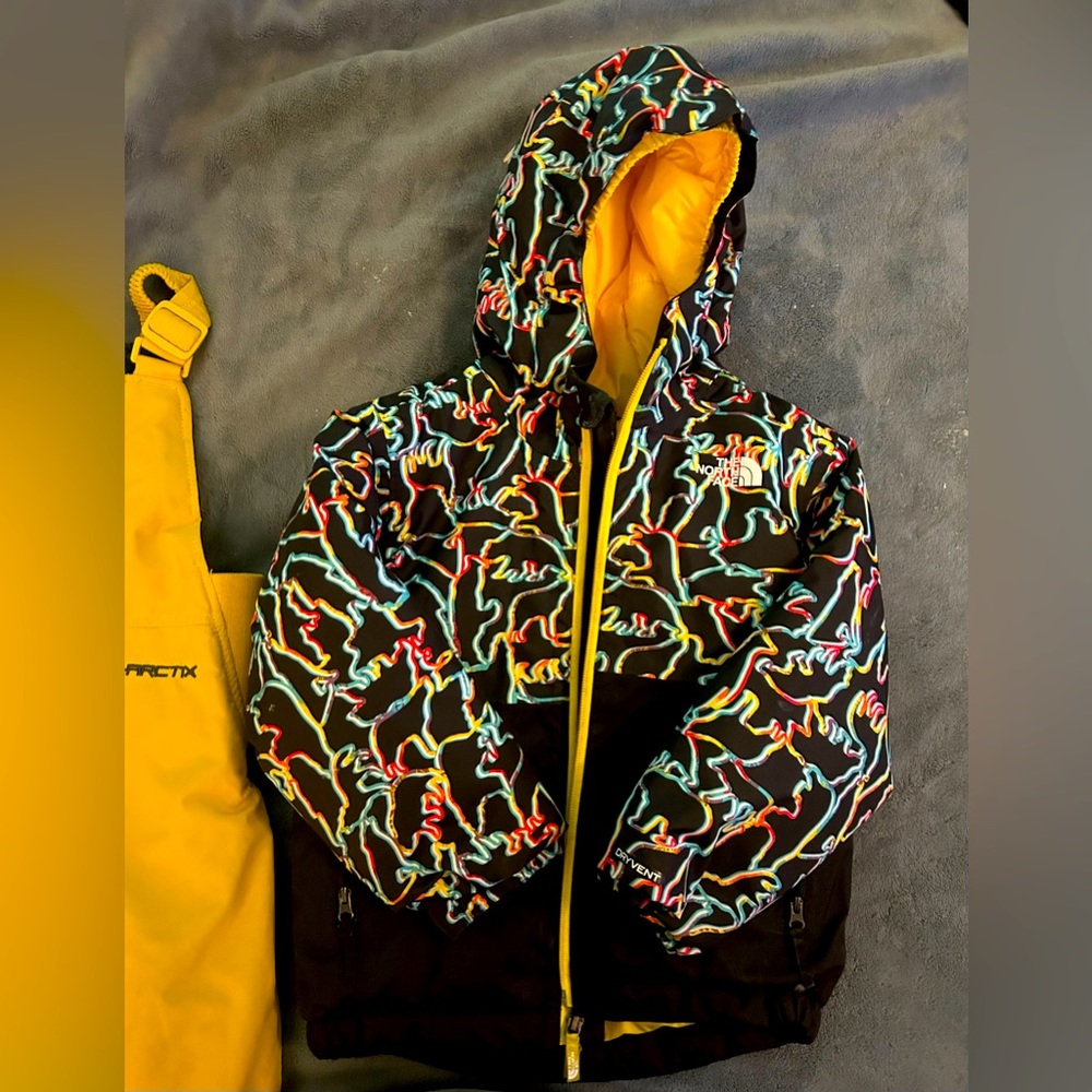 NorthFace Size 4T winter coat and Yellow 4T snow bibs